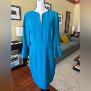 Elie Tahari aqua blue dress with distinctive neckline & tulip sleeves, size 10